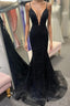 Lace-Up Black Plunging Neck Mermaid Prom Dress with Appliques