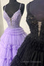 Plunging V-Neck Straps Appliques Layered Prom Dress
