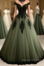Green A-line Tulle Prom Dress Off The Shoulder Formal Evening Gown