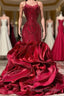 Fabulous Burgundy Long Mermaid Spaghetti Straps Satin Lace Prom Dress