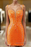 Glitter Orange Spaghetti Straps Orange Tight Sequined Homecoming Dress