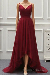 A Line High Low Tulle Prom Dress with Train, Burgundy V Neck Backless Formal Dress