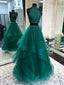 Two Piece Long Hunter Green Prom Dress with Delicate Beading Top