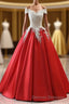 Modest Red Cap Sleeves Ball Gowns Lace Satin Prom Dress Evening Dress