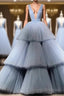 Modest Ball Gown Long V-neck Light Blue Princess Prom Dress Quinceanera Dress