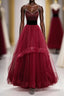 Wine Red Straps Beaded Sweetheart Tulle Formal Dress, Wine Red A-Line Prom Dress