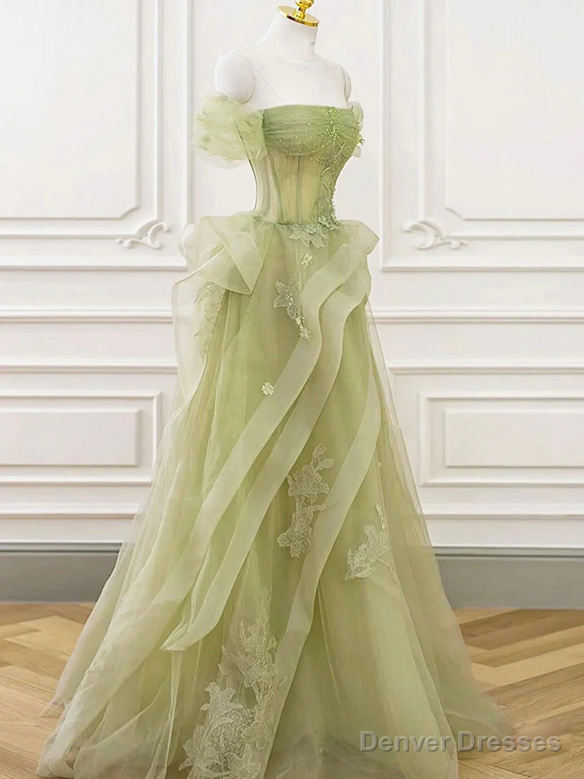 Off the Shoulder Green Tulle Long Prom Dresses, Green Tulle Off Shoulder Formal Evening Dresses