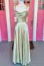 Open Back Sage Satin Long Evening Dress With High Slit Long Sage Formal Prom Dresses