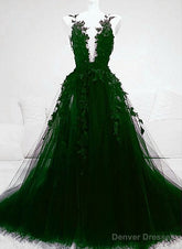 A line Green Tulle With Lace Deep Neckline Backless Prom Dress