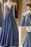 Blue V-Neckline Straps Low Back A-Line Prom Dress, Blue Long Evening Dress