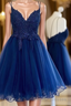 Dark Blue V Neck Short Prom Dress With Beads Appliques,Blue Homecoming Dress