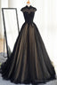 Black Tulle Cap Sleeves Floor Length Long Prom Dresses, Luxury Dresses