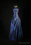 Vintage Ball Gown Strapless Navy Blue Satin Long Prom Dresses Party Dress