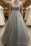 Gorgeous c A-line Scoop Beaded Long Prom Dress Evening Gowns