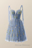 Green Floral Tulle A-line Short Dress with Tie Shoulders