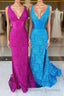 Glitter Navy Mermaid Sweep Train Prom Dress With Slit