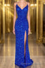 Mermaid Spaghetti Straps Royal Blue Sequins Long Prom Dress