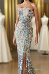 Silver Strapless Lace-Up Sequins Long Prom Dress with Slit