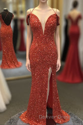 Orange Sparkly Spaghetti Straps Sequins Long Prom Dress with Slit