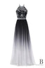 Classy Black And White Halter Lace Up Long Beaded Prom Dress