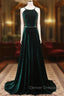 A-Line Backless Green Velvet Long Prom Dress, Green Formal Evening Dress