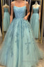 A Line Backless Lace Long Sky Blue Prom Dress, Backless Sky Blue Lace Formal Dress, Sky Blue Evening Dress