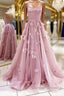 A Line Backless Pink Floral Long Prom Dress, Pink Floral Formal Graduation Evening Dress