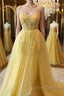 A Line Backless Yellow Lace Floral Long Prom Dress with High Slit, Open Back Yellow Lace Formal Dress, Yellow Lace Evening Dress