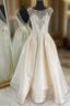 A-Line Bateau Backless Ivory Satin Beading Long Prom Dress