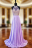 A-line Beaded Crystals Floor Length Backless Lilac Chiffon Prom Dress
