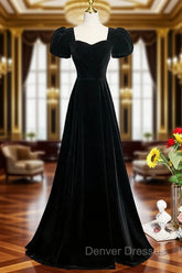 A-line Black Short Sleeves Velvet Long Party Dress, Black Simple Bridesmaid Dress