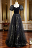 A-line Black Tulle and Velvet Long Party Dress, Black Prom Dress