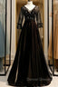 A-Line Black V-neck 3/4 Sleeve Crystal Prom Dress