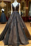 A Line Black V Neck Lace Long Prom Dress