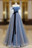 A-Line Blue Long Prom Dress, Tulle Sequin Long Blue Formal Evening Dress