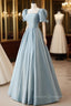 A-Line Blue Satin Puffy Sleeve Long Prom Dress, Blue Formal Dress