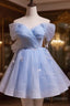 A-Line Blue Short Off Shoulder Knee Length Homecoming Dress, Blue Short Prom Dress