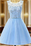 A-Line Blue Tulle Beading Backless Homecoming Dress