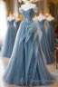 A-Line Blue Tulle Long Party Dress With Lace, Off Shoulder Tulle Prom Dress
