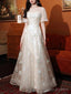 A-Line Bridesmaid Dress Jewel Neck Short Sleeve Elegant Floor Length Lace / Tulle With Appliques