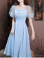 A-Line Bridesmaid Dress Square Neck Short Sleeve Elegant Knee Length Satin With Buttons / Pleats