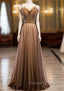 A-Line Brown Tulle Spagehtti Straps Beading Sequins Prom Dress