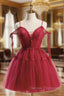 A-Line Burgundy Lace Short Prom Dress, Burgundy Puffy Homecoming Dress