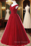 A Line Burgundy Long V-neck Tulle Prom Dress