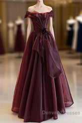 A-Line Burgundy Organza Burgundy Long Prom Dress, Burgundy Long Evening Dress