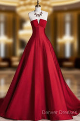 A-Line Burgundy Satin Long Prom Dress, Burgundy Long Formal Dress