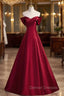 A-Line Burgundy Satin Off the Shoulder Pleats Prom Dress