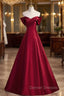 A-Line Burgundy Satin Off the Shoulder Pleats Prom Dress