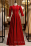 A-Line Burgundy Satin Short Sleeve Prom Dress With Pearls