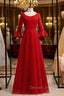 A-Line Burgundy Satin Tulle Half Sleeve Simple Prom Dress